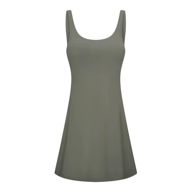 U-Shaped Backless Tennis Dress Women Workout Golf Dress Built-In Bra & Shorts Inner Pockets Sleeveless Athletic Dresses