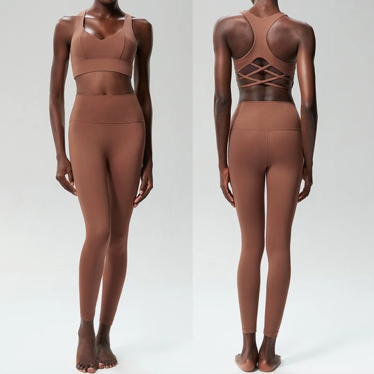 Women Two Piece Yoga Set Solid Color Naked Gym Suit Quick Dry Running Sportswear Sport Bra Female Workout Fitness Outfit Clothes